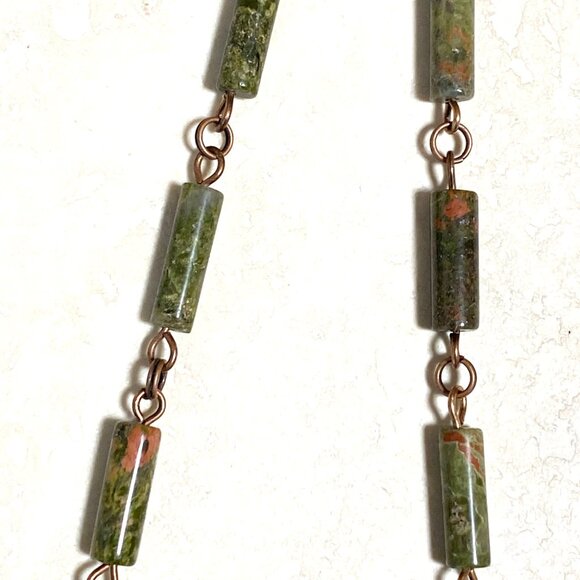 Rustic Natural Green Waterdrop Unakite Necklace, Genuine Gemstone + Copper Chain - Picture 8 of 12